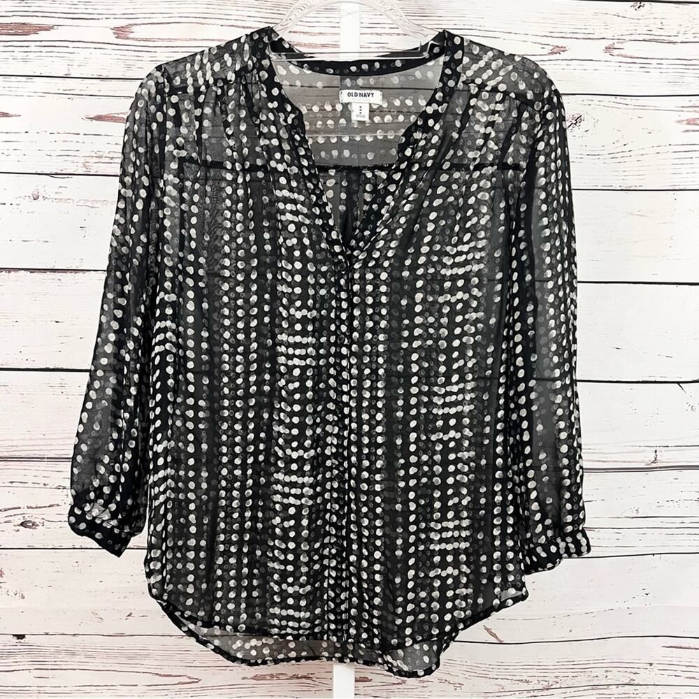 Old Navy Black and White Polka Dot Sheer Blouse Size Medium
